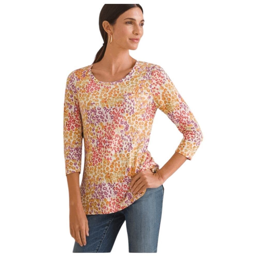 Chico's Animal Print Cotton Blend Slub Pocket Pullover T Shirt Orange Red Medium